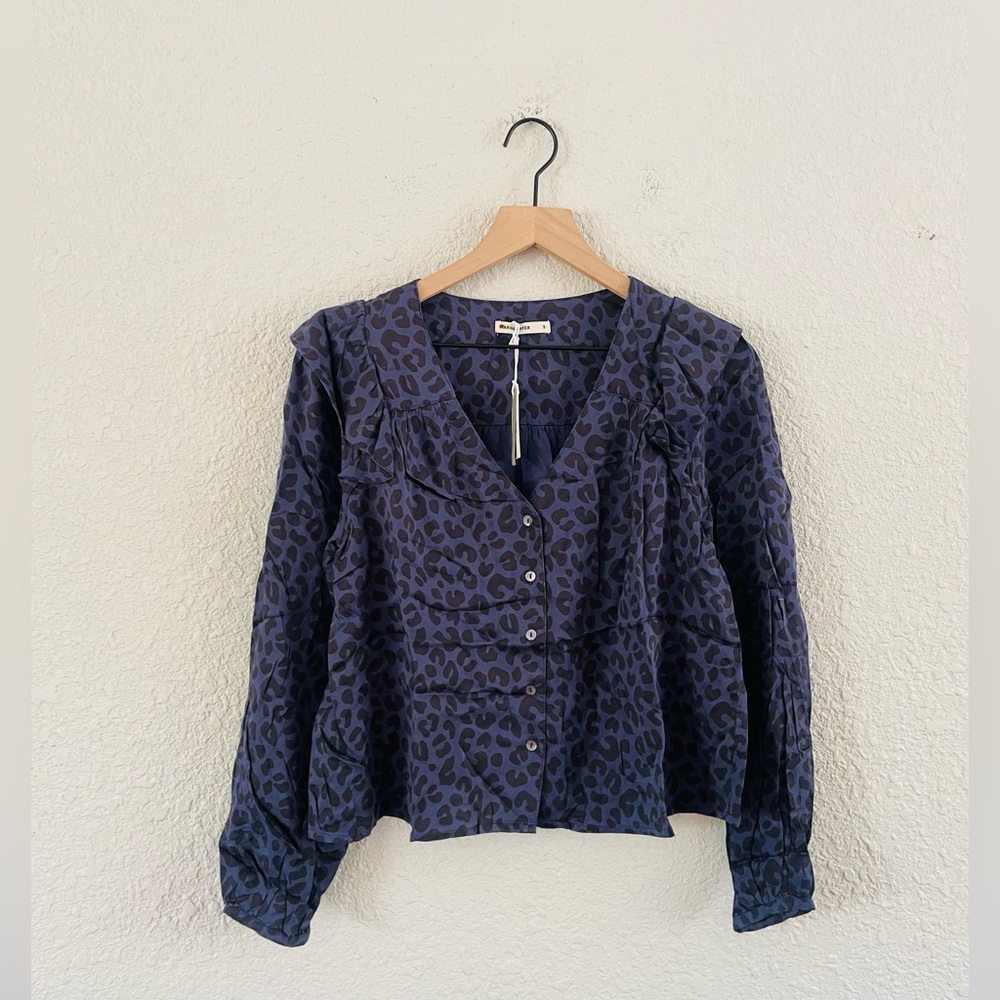 Marine Layer Rory Longsleeve Ruffle Blouse in Navy & Black Cheetah NWT